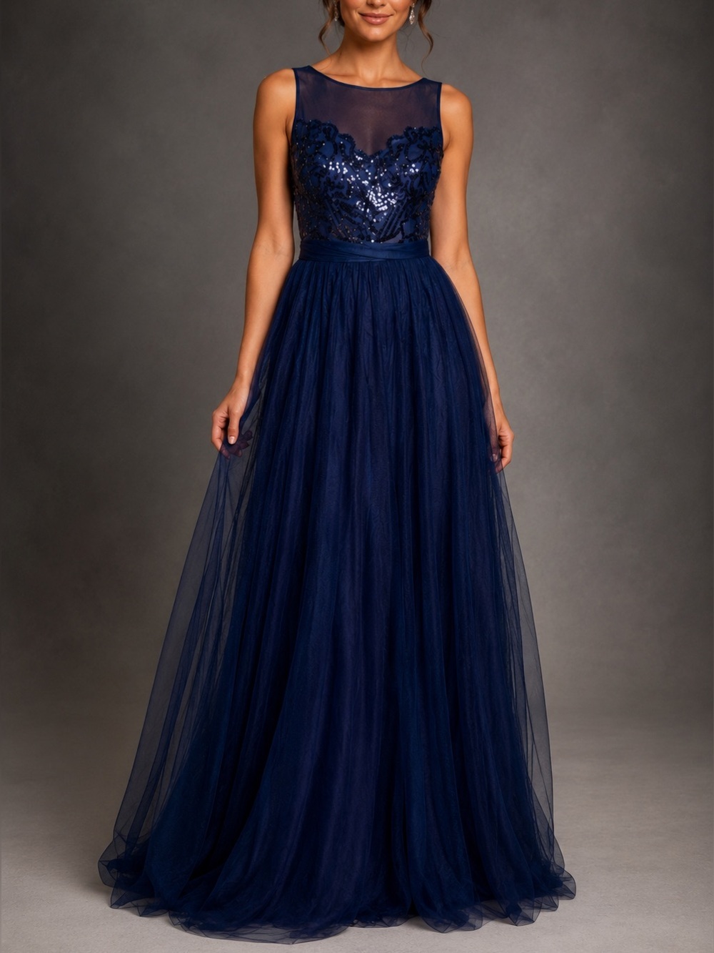 Wtoo Navy Blue Sequin Tulle Gown Size 10 Illusion Neck Formal Bridesmaid Prom